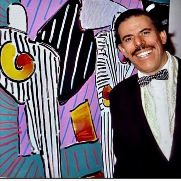 Peter Max Silk Tie Signed Pop Art Vintage Retro Blue w Orange Pink Floral Print - Picture 9 of 9